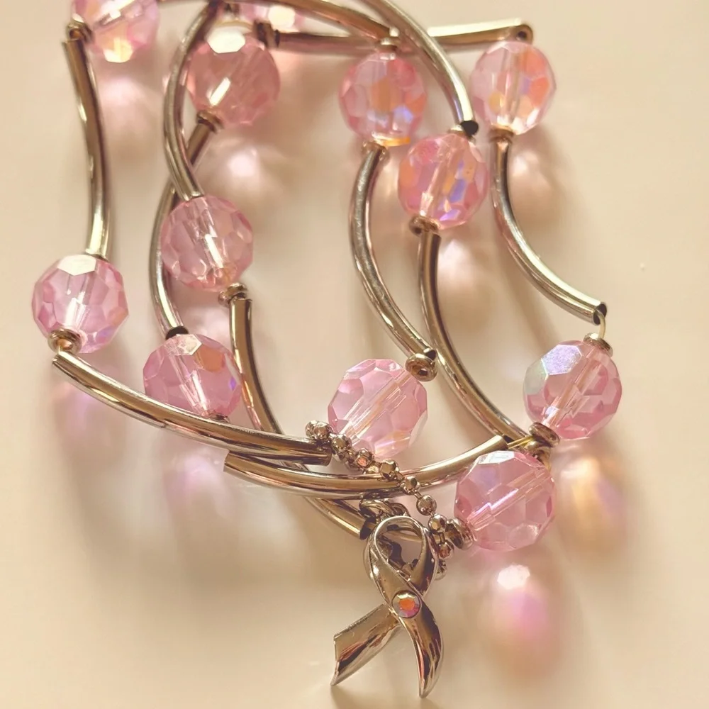 🩷 Breast Cancer Awareness Pink Faceted Beaded Bracelet Set of 3 by Cookie Lee - Picture 6 of 7